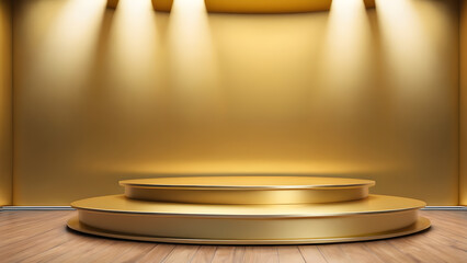Golden podium on wooden floor with spotlights.