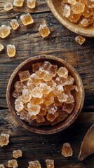 Fototapeta premium Rustic Culinary Elegance: Caramel Crystals on Vintage Farmhouse Table. Top View of Sweet Confectionery Ingredient with Ample Copy Space. Creative Advertising Background for Artisanal Desserts and Gour