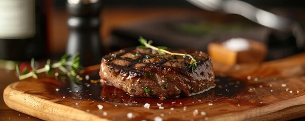 A delicious grilled steak garnished with herbs, served on a rustic wooden board, perfect for culinary presentations and food lovers.