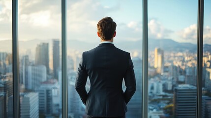 Fototapeta na wymiar A man in a suit is looking out of a window at a city