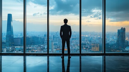 Fototapeta premium A man in a suit stands in front of a window looking out at the city