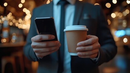 A man in a suit holding a cell phone and a cup of coffee