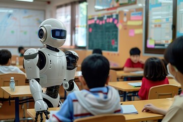 A robot teaches students at school by giving a lesson in the classroom