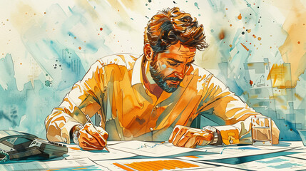 A man is writing on a piece of paper