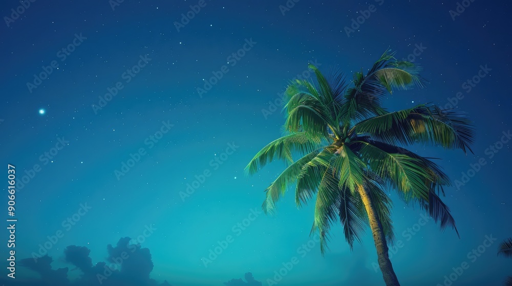 Poster a palm tree is in the foreground of a blue sky. the sky is filled with stars and the palm tree is th