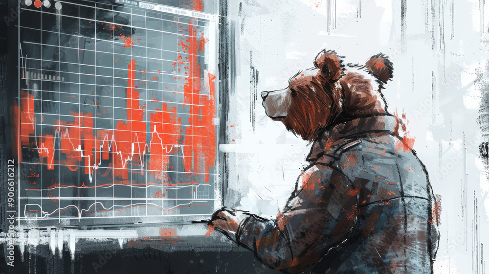 Poster a bear is sitting in front of a computer screen with a graph on it