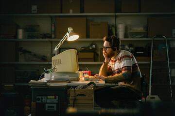 Smart nerd man working with an old PC at night