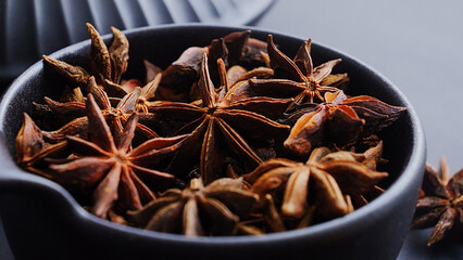 Close-up of star anise in a dark bowl, highlighting its intricate details and rich brown color against a neutral background.