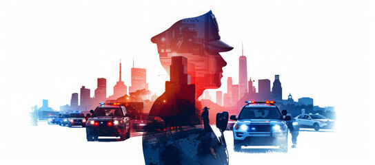 Digital illustration depicting a police officer in silhouette against a vibrant city skyline, with police cars in the foreground