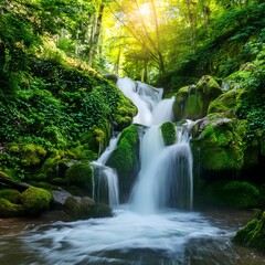 Naklejka premium Green forest water fall landscape. 