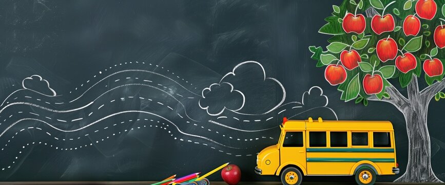 Back to School Concept. A banner with an image of a school bus and pencils next to a sketch of a tree with autumn dry leaves and apples on the background of a blackboard. - Powered by Adobe