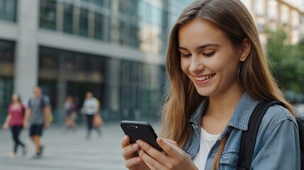 Young Woman Smiles While Texting on Smartphone in a City Park During Daytime