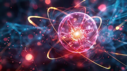 Electron path around nucleus, subatomic structure, vibrant orbit, atomic particles, uhd, copy space for text,