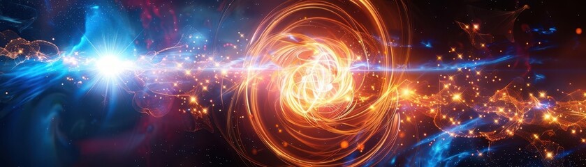 Energetic particle collision, highenergy particle impact, explosive particle burst, subatomic collision, uhd, copy space for text,