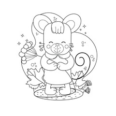 Childrens drawings coloring page. A mouse dressed in a colorful outfit while holding a small bouquet of flowers.