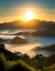 Sunrise in the mountains with mist. 
