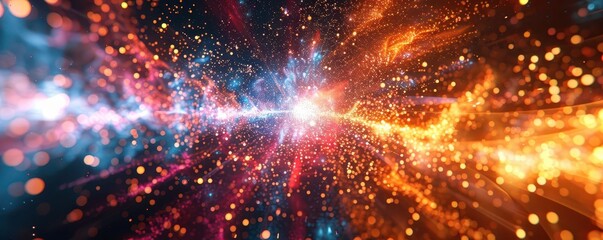 Fototapeta premium Particle collision burst, intense energy collision, vibrant subatomic impact, quantum physics explosion, uhd, copy space for text,