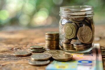 A jar full of coins and a stack of euros on a table