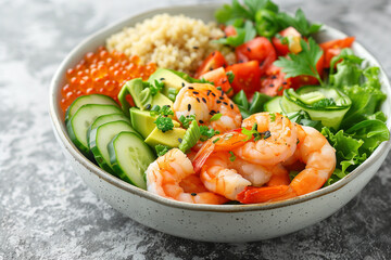 Hawaiian poke bowl with shrimp, quinoa, avocado, cucumber and greens