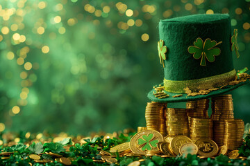 St. Patrick's Day leprechaun hat Patrick with gold coins and shamrocks on green background