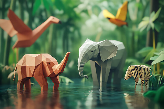 An illustration of paper origami animals in a low poly style, showcasing the fusion of traditional craft and modern geometric design. The scene features various animals crafted from paper with sharp a