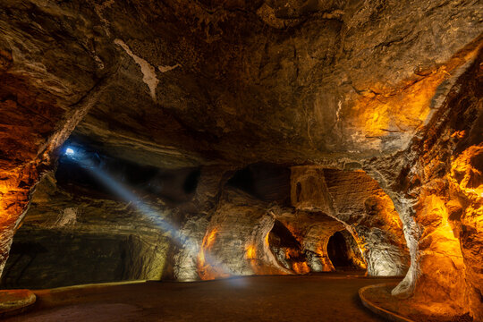 Salt cave with beam of light in the town of Tuzluca in Igdir, Turkey, mine