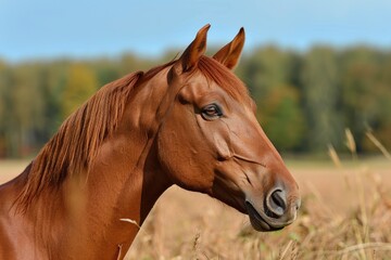 Obraz premium A brown horse with a white spot on its face is standing in a field. The horse's head is turned to the right, and it is looking at the camera. The image has a peaceful and serene mood