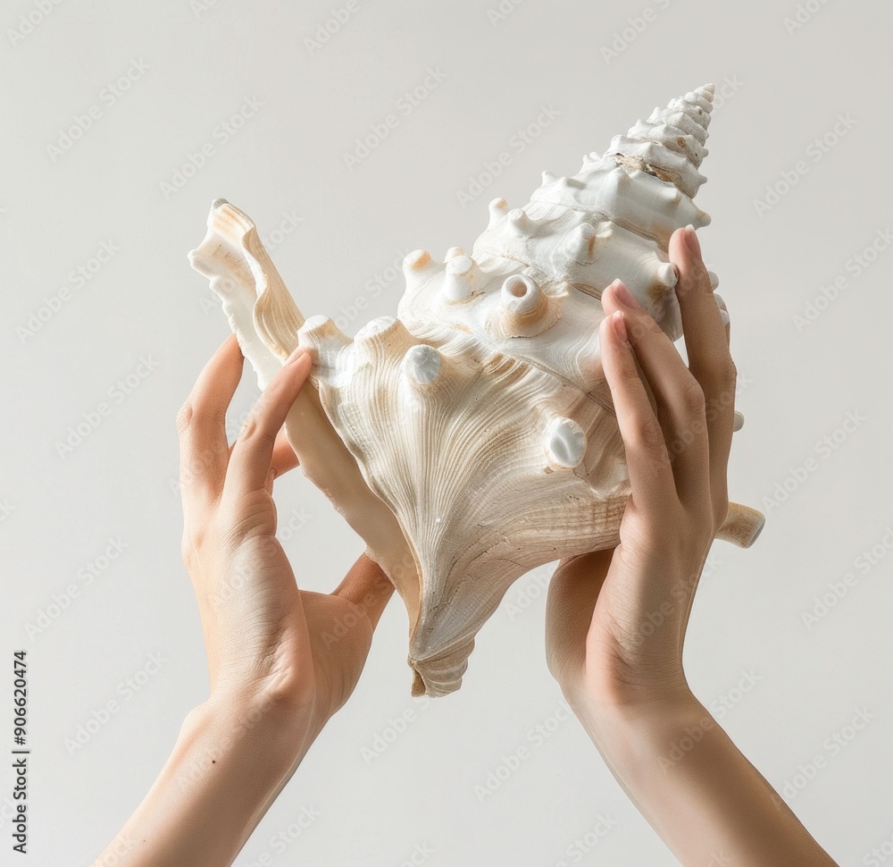 Aufkleber hands holding a large, white seashell against a light background the shell features intricate detail