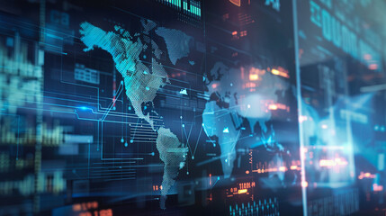 Fototapeta premium A futuristic screen shows a global map with a modern design