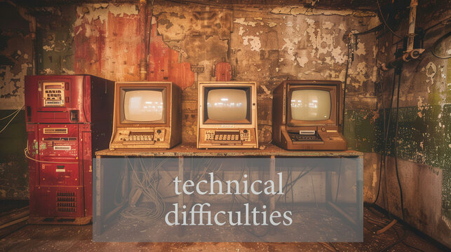 A row of old computers displaying the words technical difficulties
