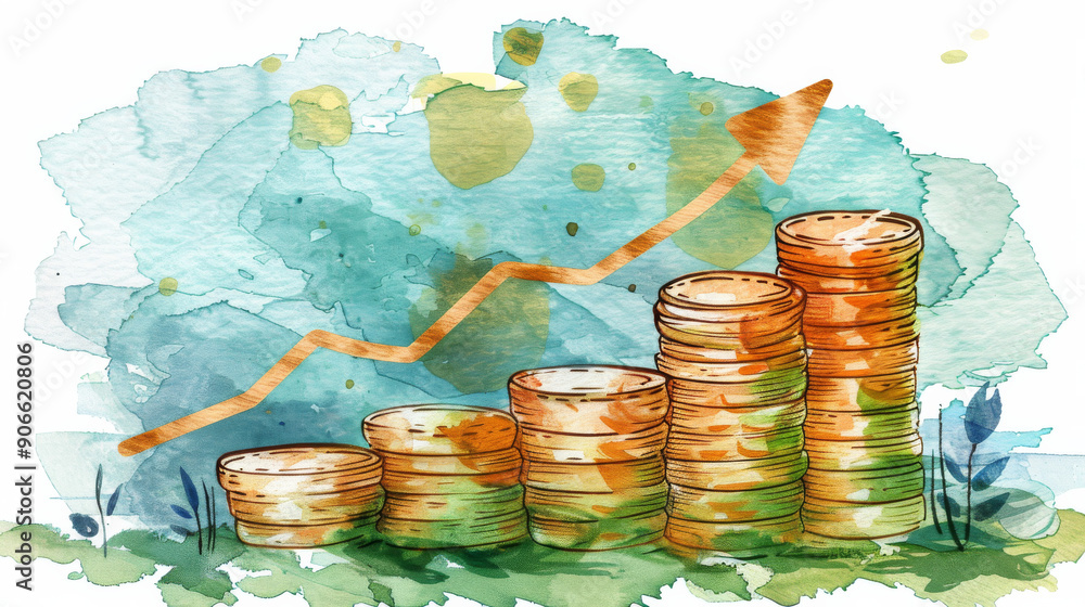 Poster A drawing of a stack of coins with a line going up