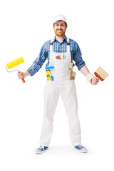 Confident house painter posing with work tools © StockPhotoPro
