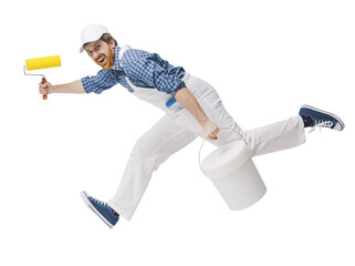 Efficient house painter holding work tools and running © StockPhotoPro