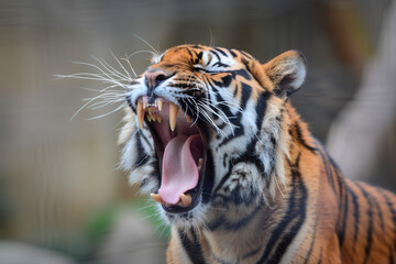 Naklejka premium Roaring Tiger with Open Mouth - Vibrant Wildlife Illustration