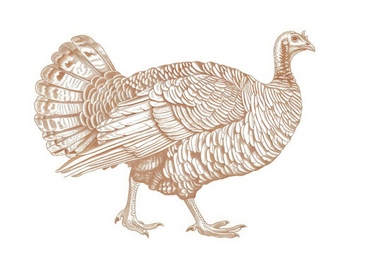 Detailed illustration of a turkey walking, drawn with an engraving style, perfect for a logo or organic food packaging
