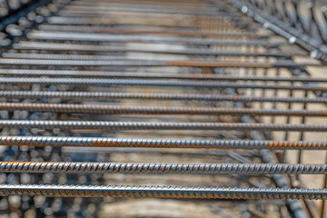 Rebars bound together with steel wires for use in building construction.