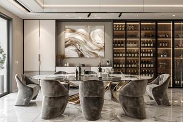 Modern Dining Room with Wine Cellar and Abstract Art