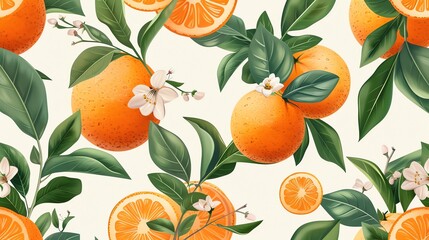 A seamless pattern with oranges and leaves.