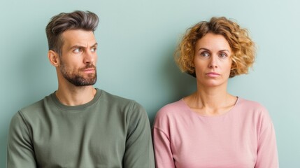 Fototapeta premium A man and woman facing away from each other, showing tension and conflict in their expressions against a soft green background.