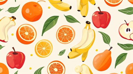 Seamless pattern with fruit and leaves in a cartoon style.