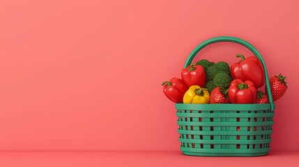 A vibrant basket filled with fresh vegetables and fruits, placed against a bright coral background, perfect for healthy lifestyle concepts.