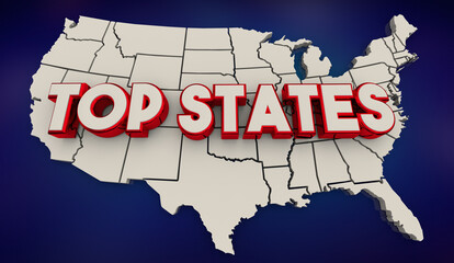 Top States United USA Best Places Locations America Map Words 3d Illustration