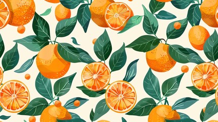Seamless pattern of oranges and leaves.