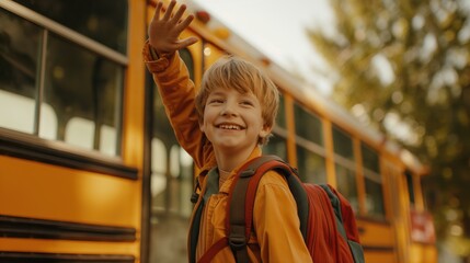 Joyful Schoolboy Waving Goodbye to Parents and Boarding School Bus with Excitement, Back to School Moment of Anticipation and Adventure