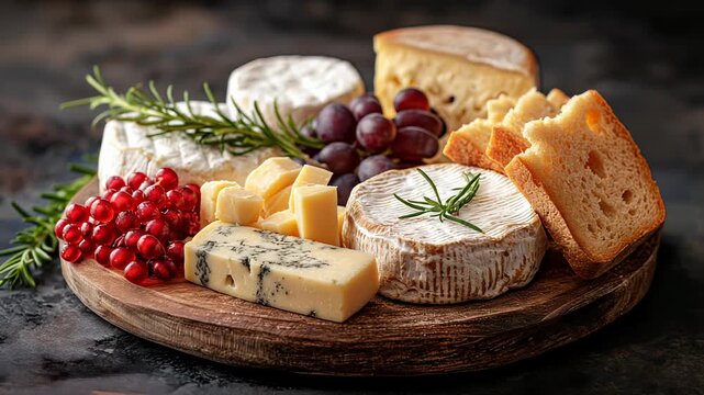 Rotation of plate of assorted cheeses with rosemary, pomegranate on wooden background