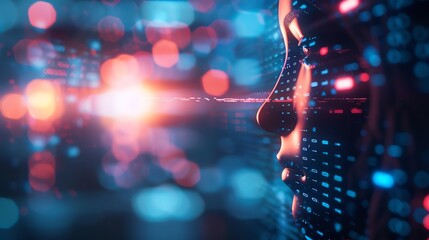 A futuristic portrait showcasing a human face intertwined with colorful data streams and digital lights, symbolizing technology and connection.