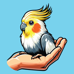 Cute cartoon bird cockatiel sitting on hand vector 