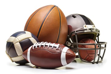 Assorted sports equipment isolated on white background