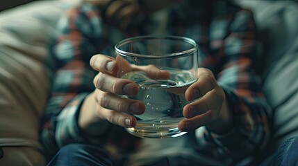 A person is holding a glass of water. The person is wearing a plaid shirt. Concept of relaxation and comfort