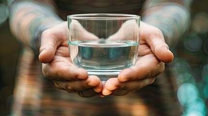 A person is holding a glass of water in their hands. Concept of responsibility and care for one's health, as water is essential for maintaining proper bodily functions